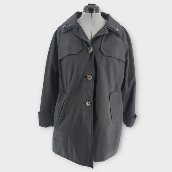 London Fog Trench Coat Women's XL Black Button Down Removable Hood Pockets - Picture 2 of 9